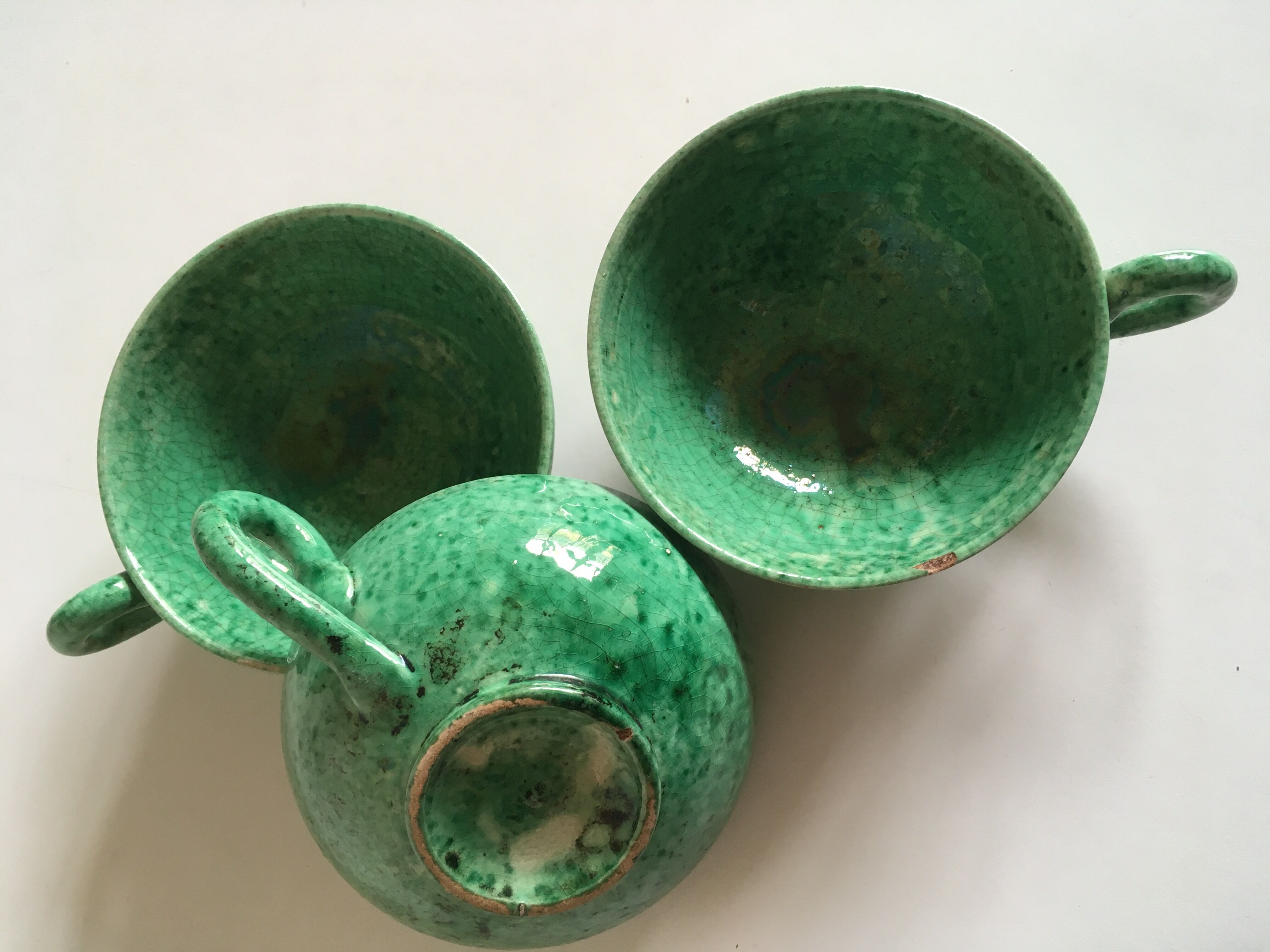 Cups green glazed ceramic, marius giuge, vallauris 50's