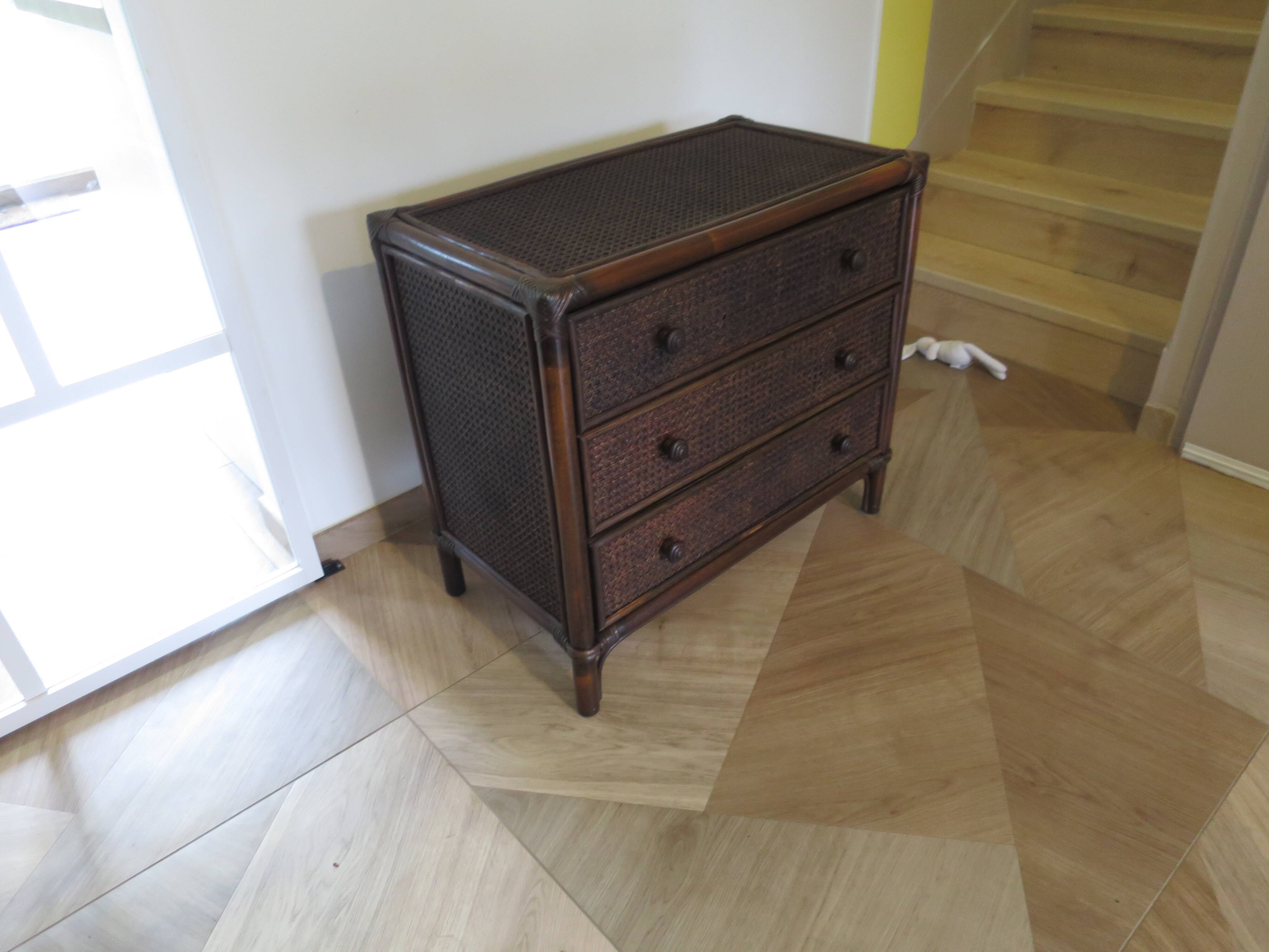 Vintage 3-drawer chest of drawers - wood, bamboo and woven rattan - 1980s