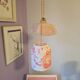 Suspension abat jour en toile de Jouy et opaline drapée rose