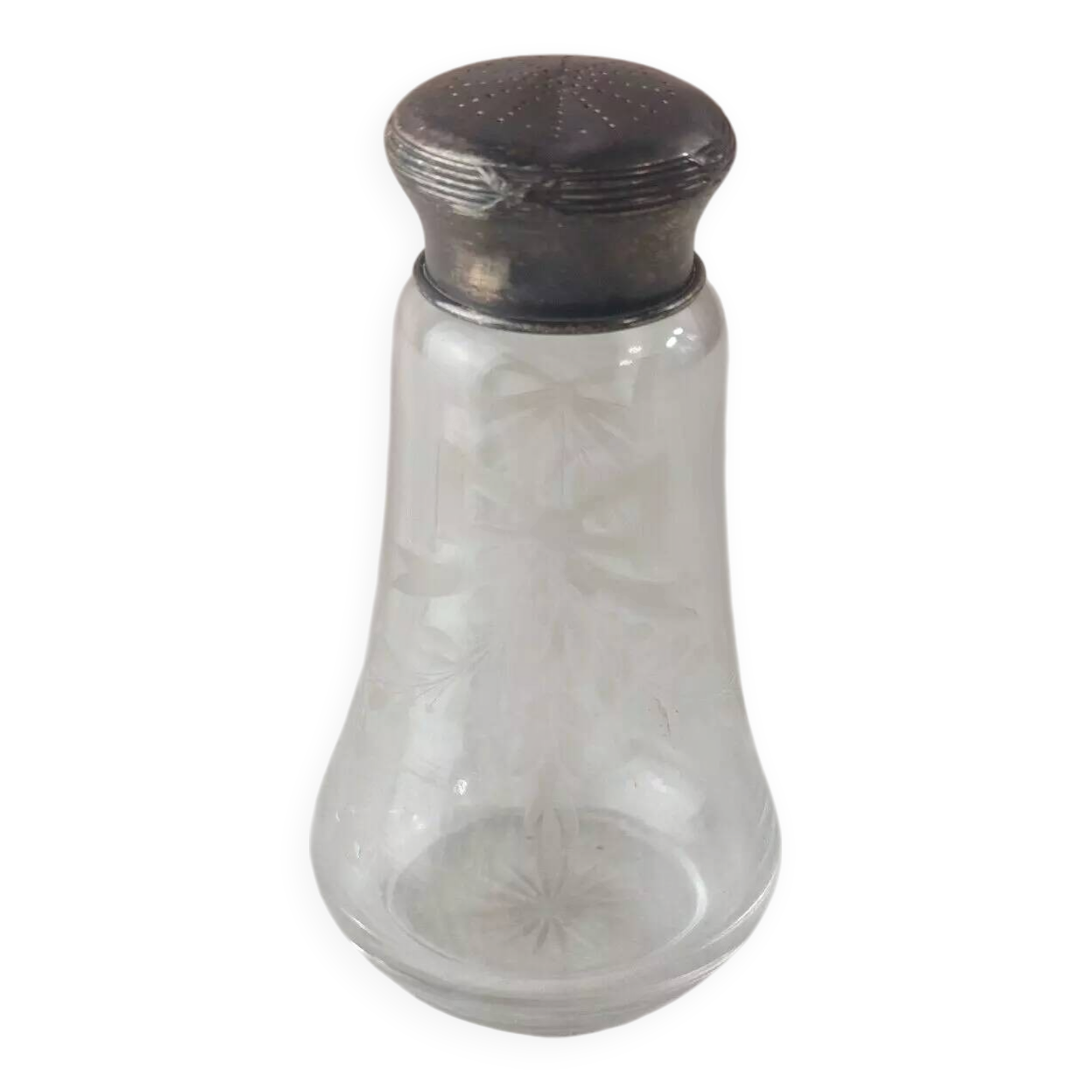 Antique table powder shaker, in engraved glass and solid silver, X