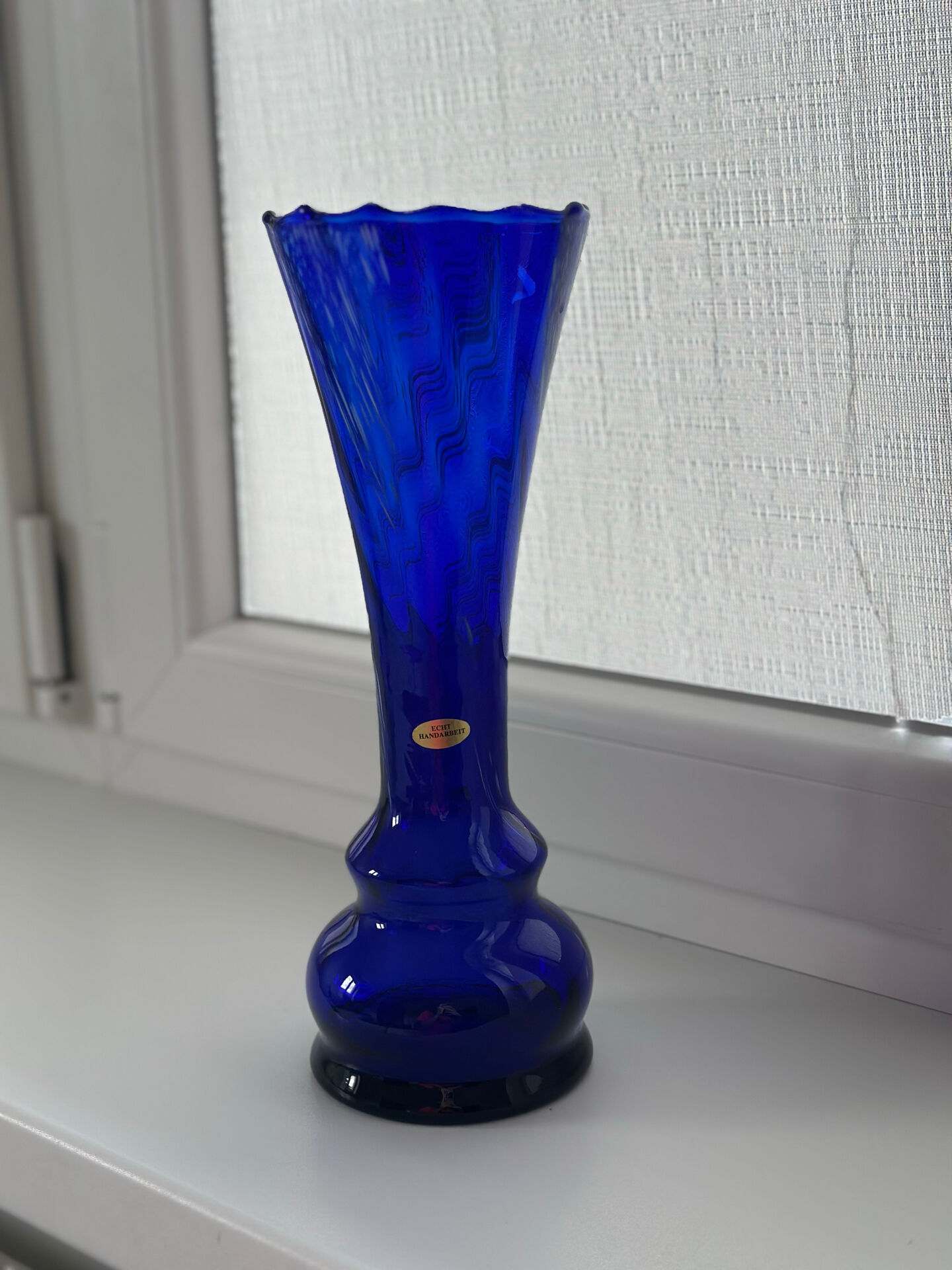Cobalt blue blown glass vintage artisan vase, handmade, German.