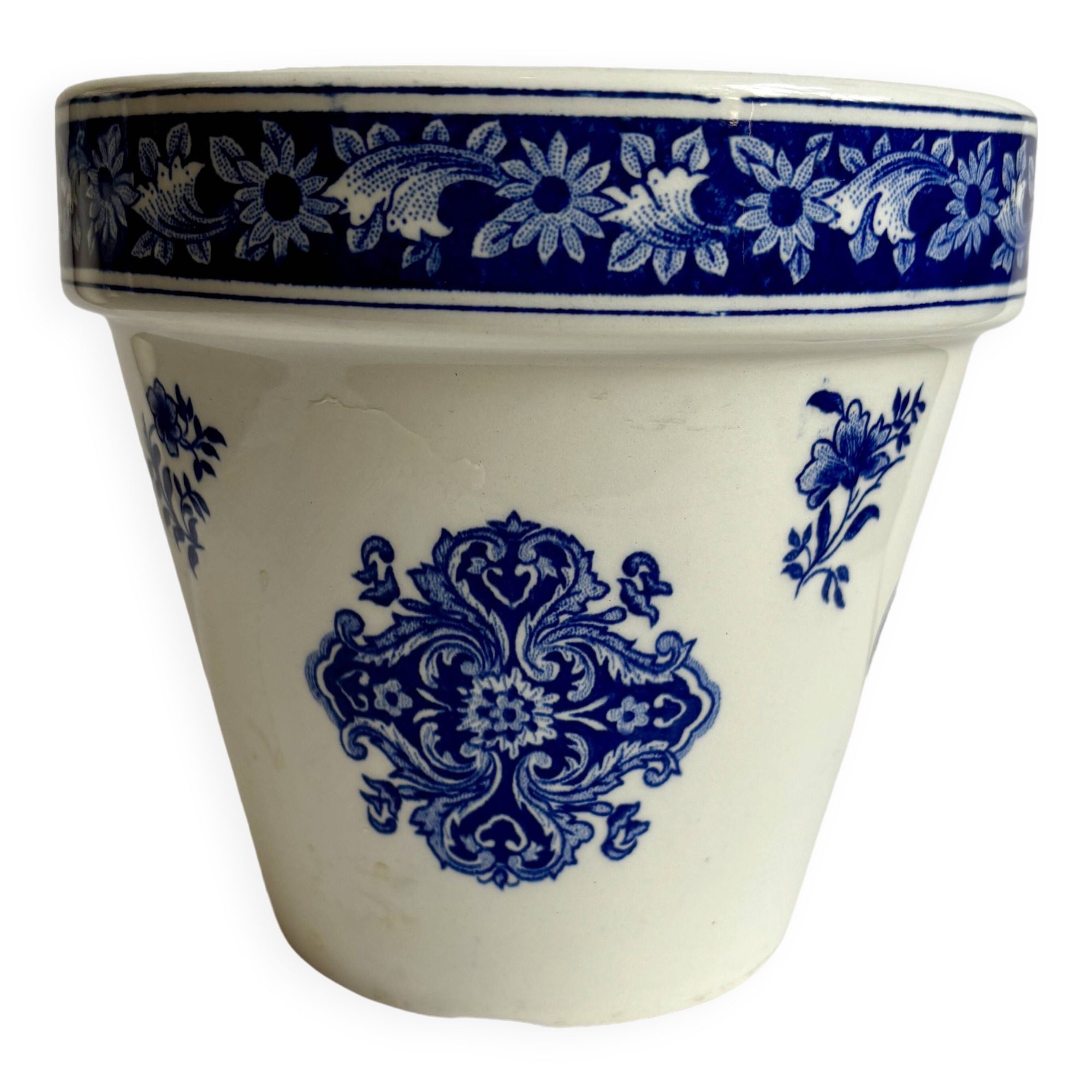 Gien flowerpot in blue and white enamelled earthenware