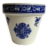 Gien flowerpot in blue and white enamelled earthenware