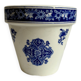 Gien flowerpot in blue and white enamelled earthenware