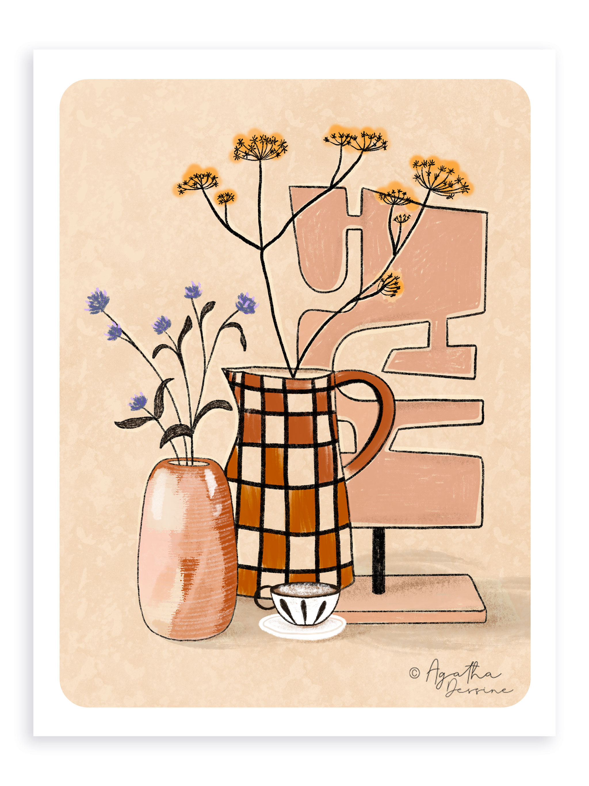 Illustration A4 "Coffee, vase and dried flowers"