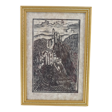 Lithographie estampe signée Herte vue de paysage 90/250