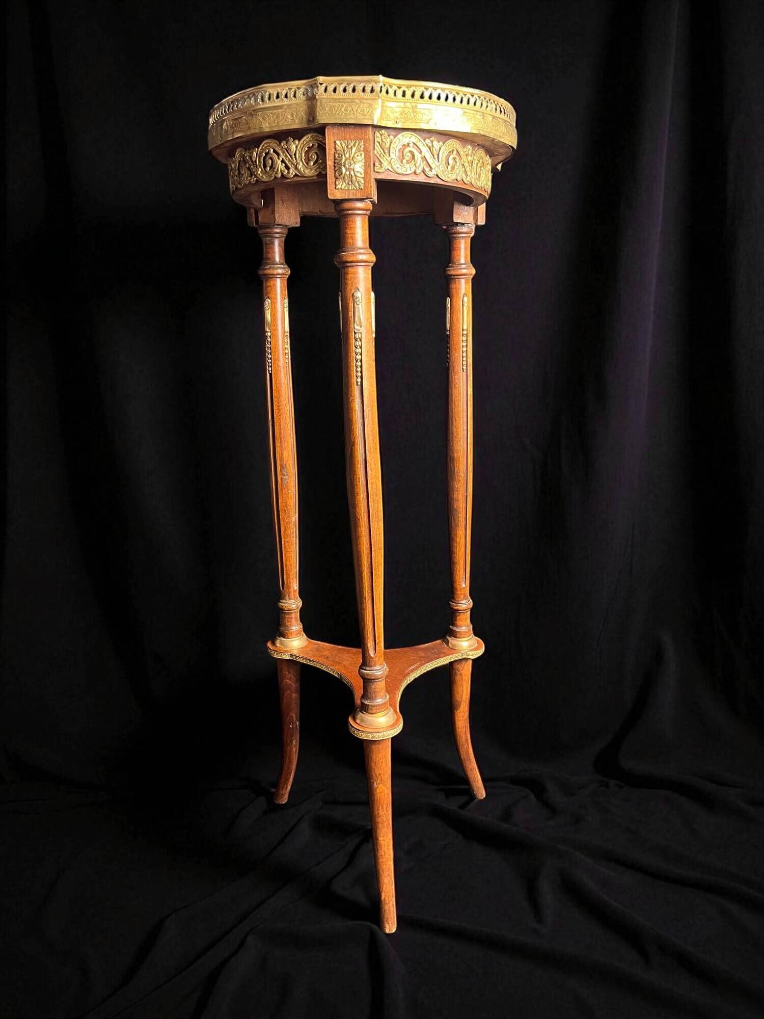 Louis XVI style tripod pedestal table, marble and brass, late 19th century