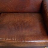 Sheepskin Leather Art Deco Design 2-Seater Sofa with Wooden Details
