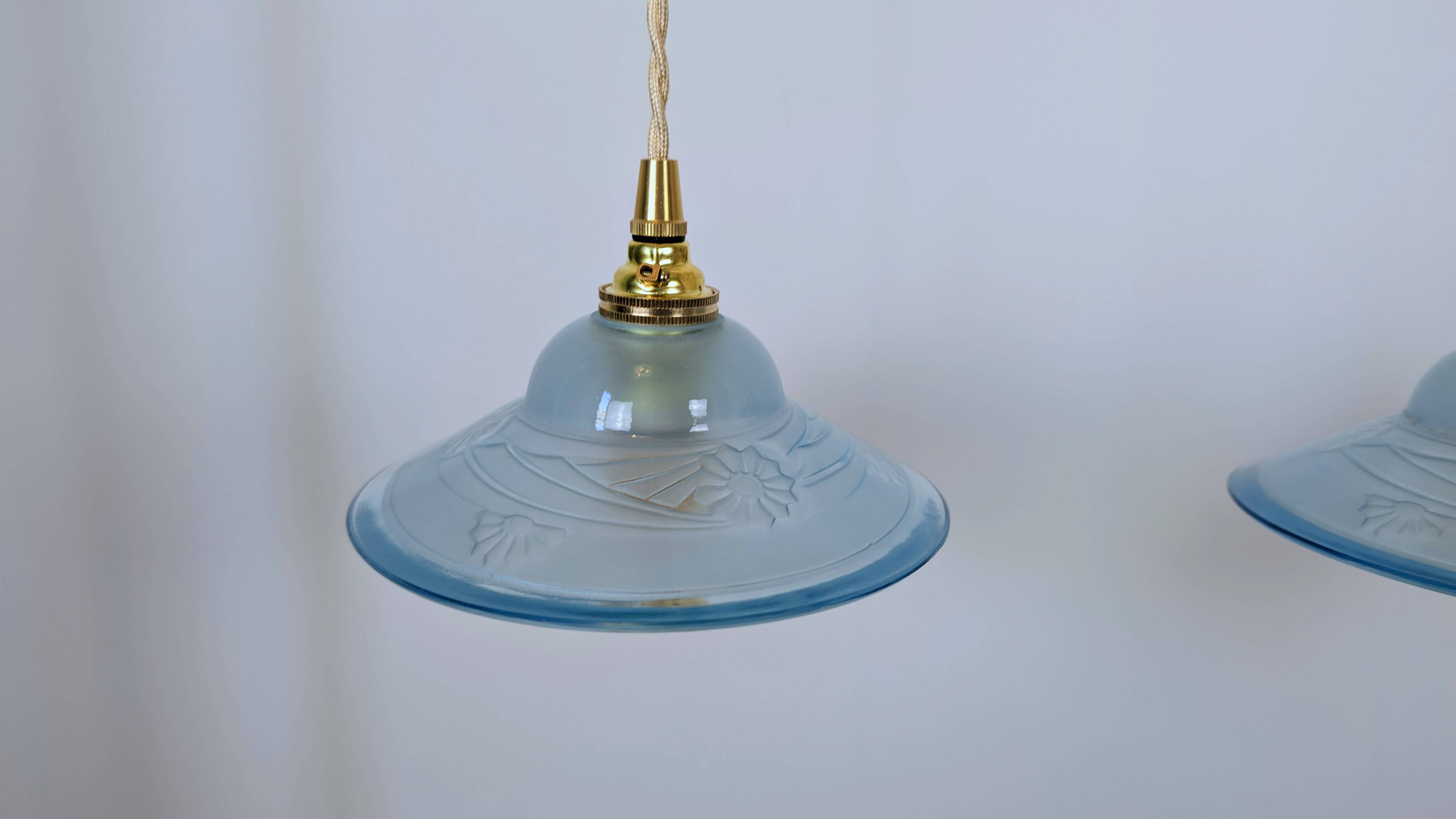 Art Deco blue glass pendant light, moulded glass shade — Ø19 cm — 3 available