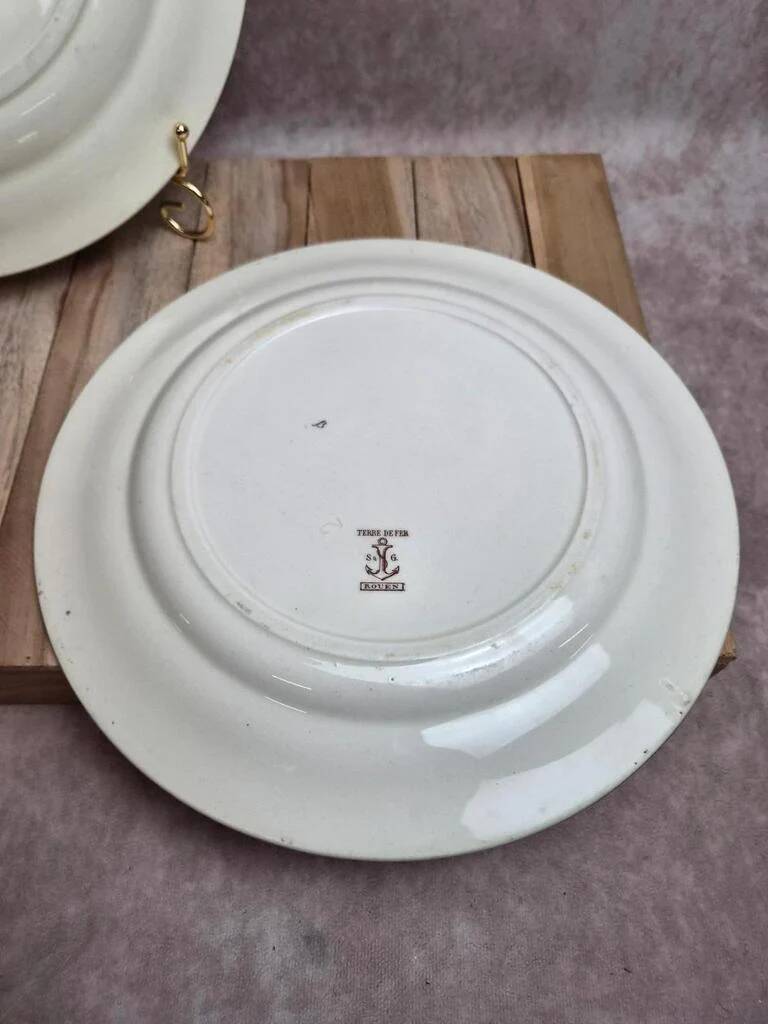 2 round plates Terre de Fer Clairefontaine Rouen sepia 19th century