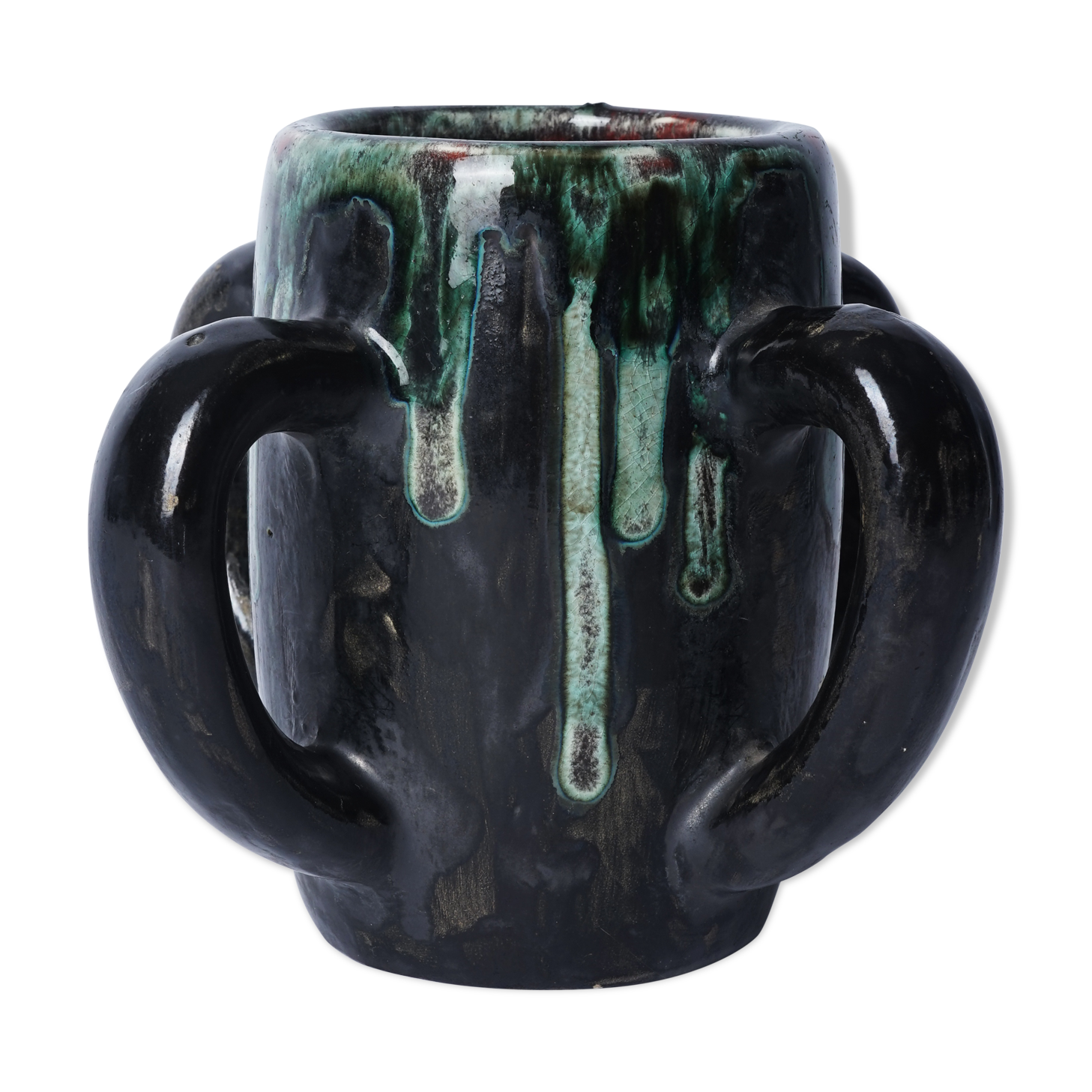 Mug with 4 hanses grey, green interior Red