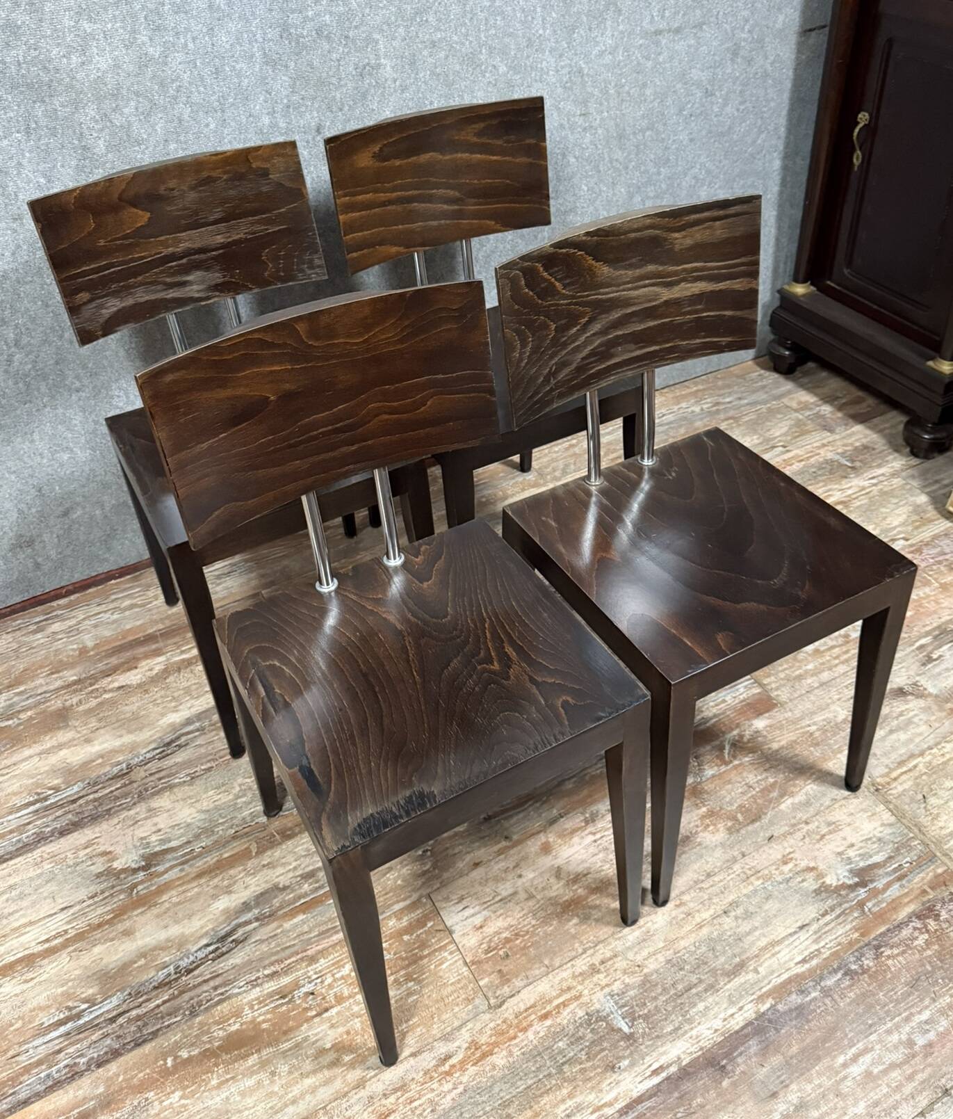 Set of four 1970's Design chairs in stained grained wood