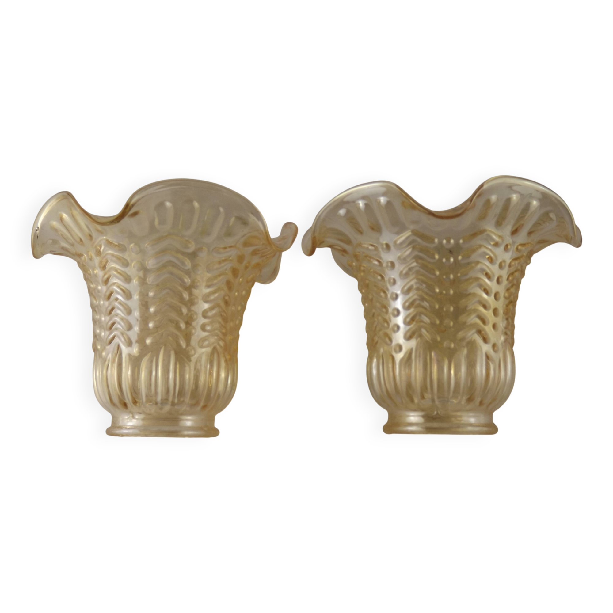 Matching Pair of Vintage French Amber Patterned Glass Shades 5594