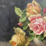 Tableau ancien , bouquet de roses fin XIX début XX siècle