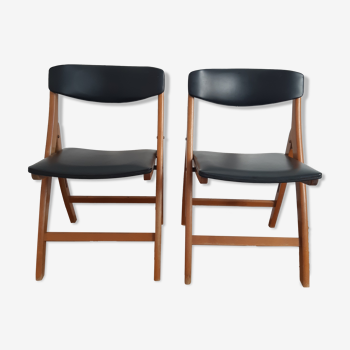Set of 2 folding chairs in wood and skai
