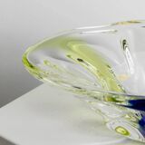 Large Murano Glass Bowl in Clear with Blue & Yellow Swirls – Oval Vintage Italian Design (1970s)