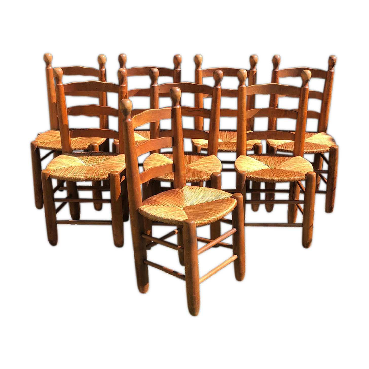 Set of 8 vintage chairs brutalized in solid oak, mulched seat 1960