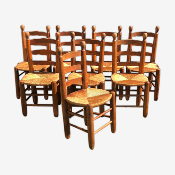Set of 8 vintage chairs brutalized in solid oak, mulched seat 1960