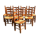 Set of 8 vintage chairs brutalized in solid oak, mulched seat 1960