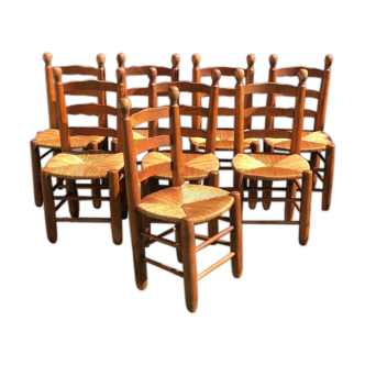 Ensemble de 8 chaises vintage brutalisées en chêne massif, assise paillée 1960
