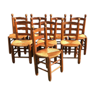 Set of 8 vintage chairs brutalized in solid oak, mulched seat 1960