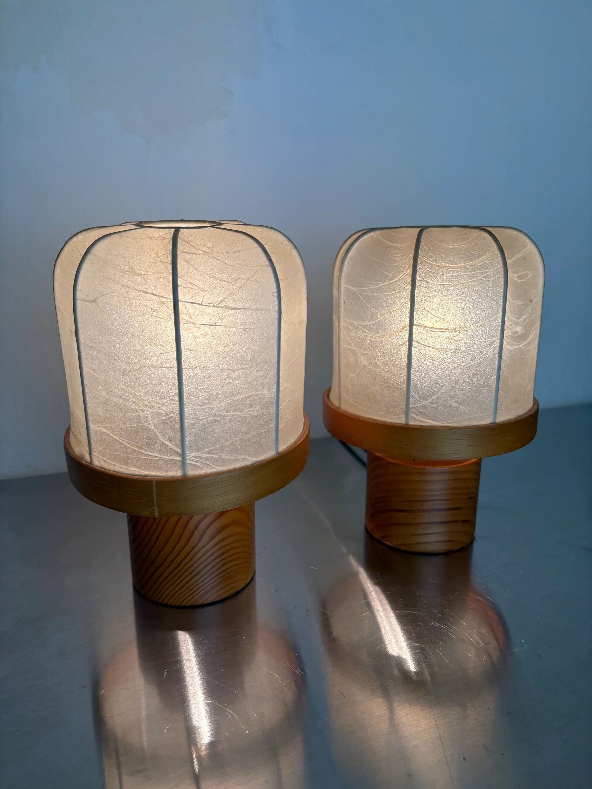 Pair of cocoon table lamps with pine, Italy, 1970s