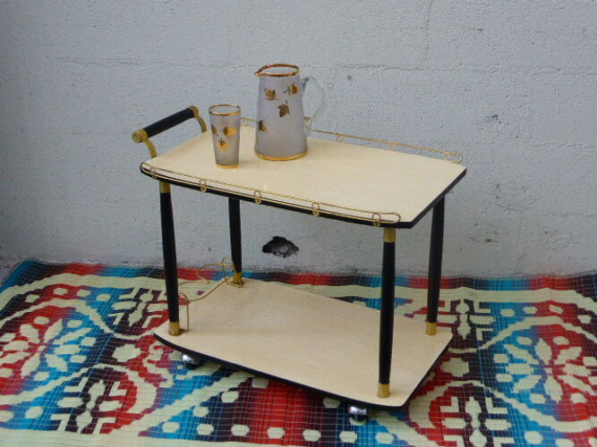 Table roulante vintage et design 1950, bois et métal doré