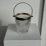 Small golden glass ice bucket with diamond point design and its scoop.