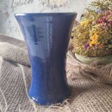 Vase diabolo artisanat Guibert à Lamoura en grès émaillé bleu cobalt
