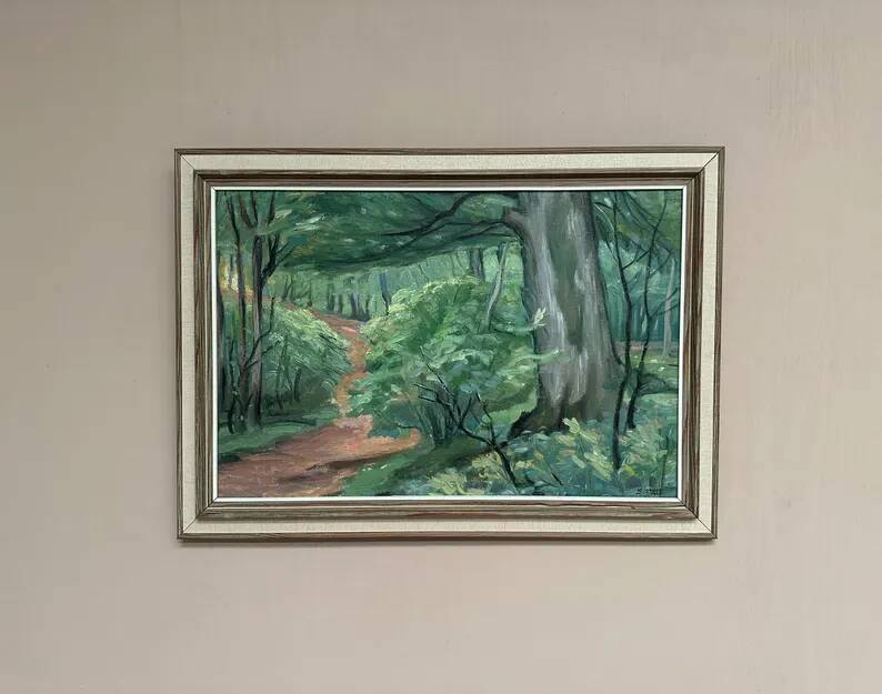 Original Swedish Oil on Canvas – "Path through the Forest" by H.J. Larsson – Signed, Vintage and Framed – 70 x 50 cm (27.5 x 19.6 inches)