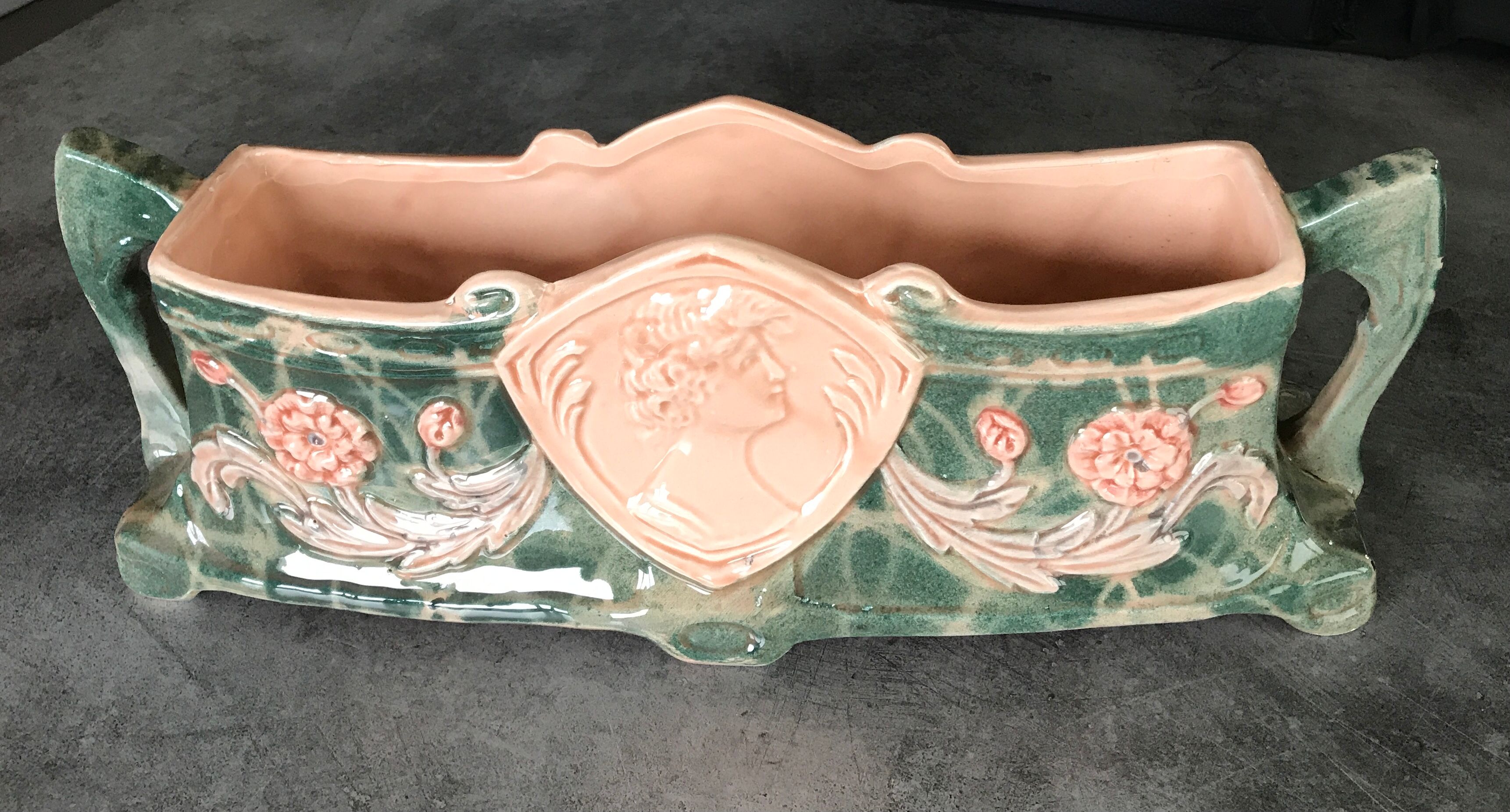 Jardinière with ceramic handles enameled vintage polychrome paint 39.5 cm