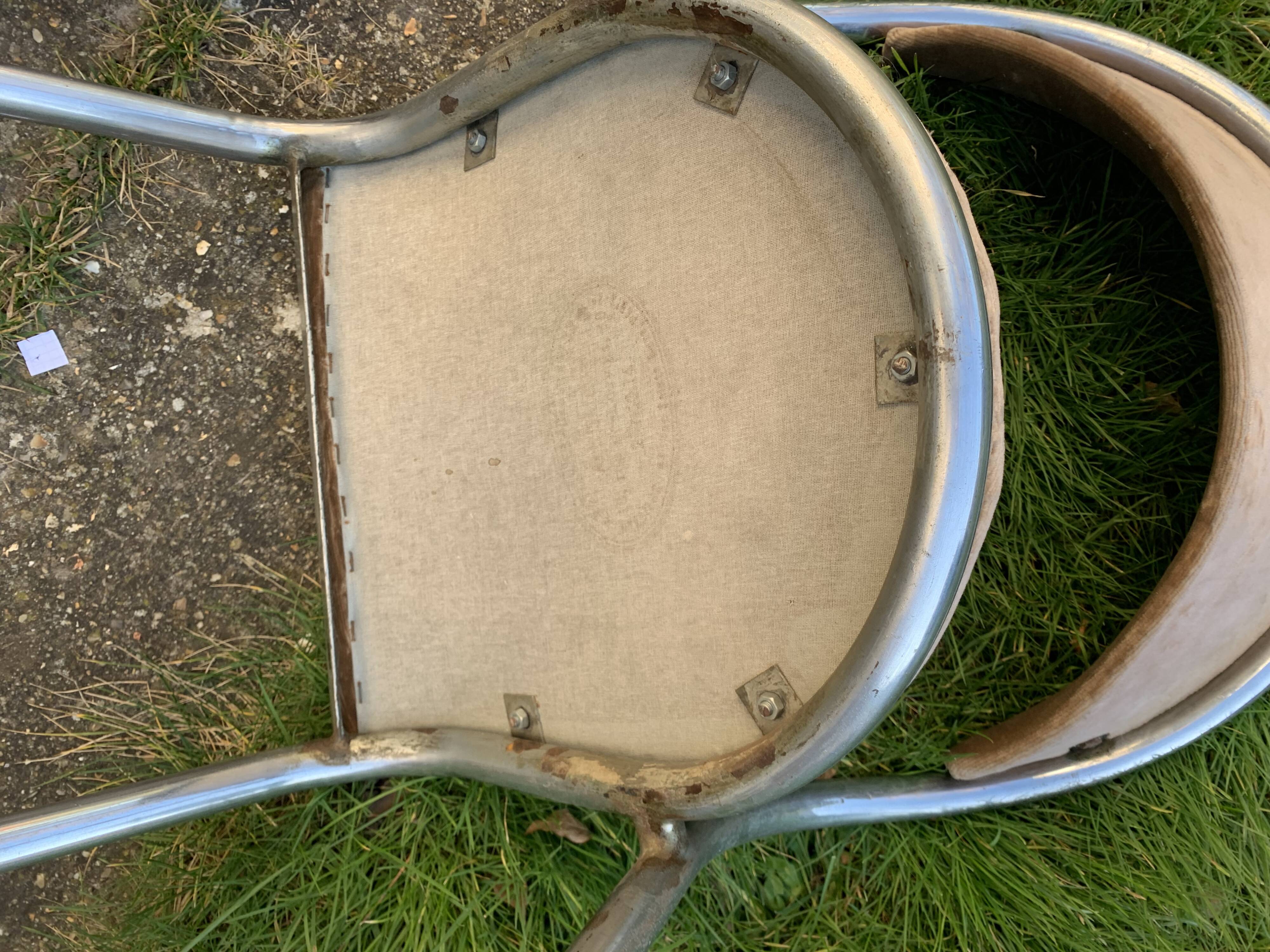 Chair in beige velvet and chrome, curved shape, vintage 1950