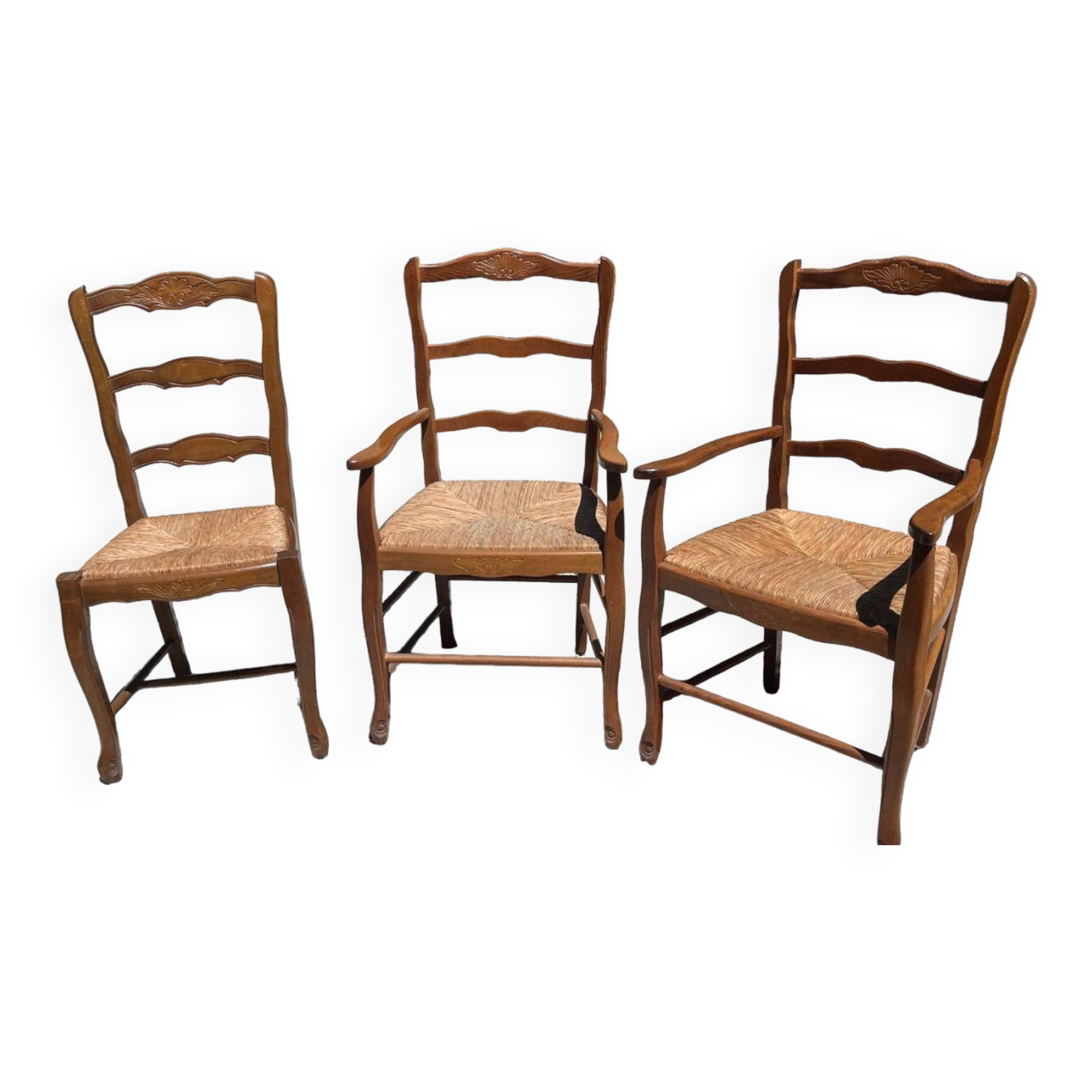 2 armchairs and 1 chair in natural wood with straw seats