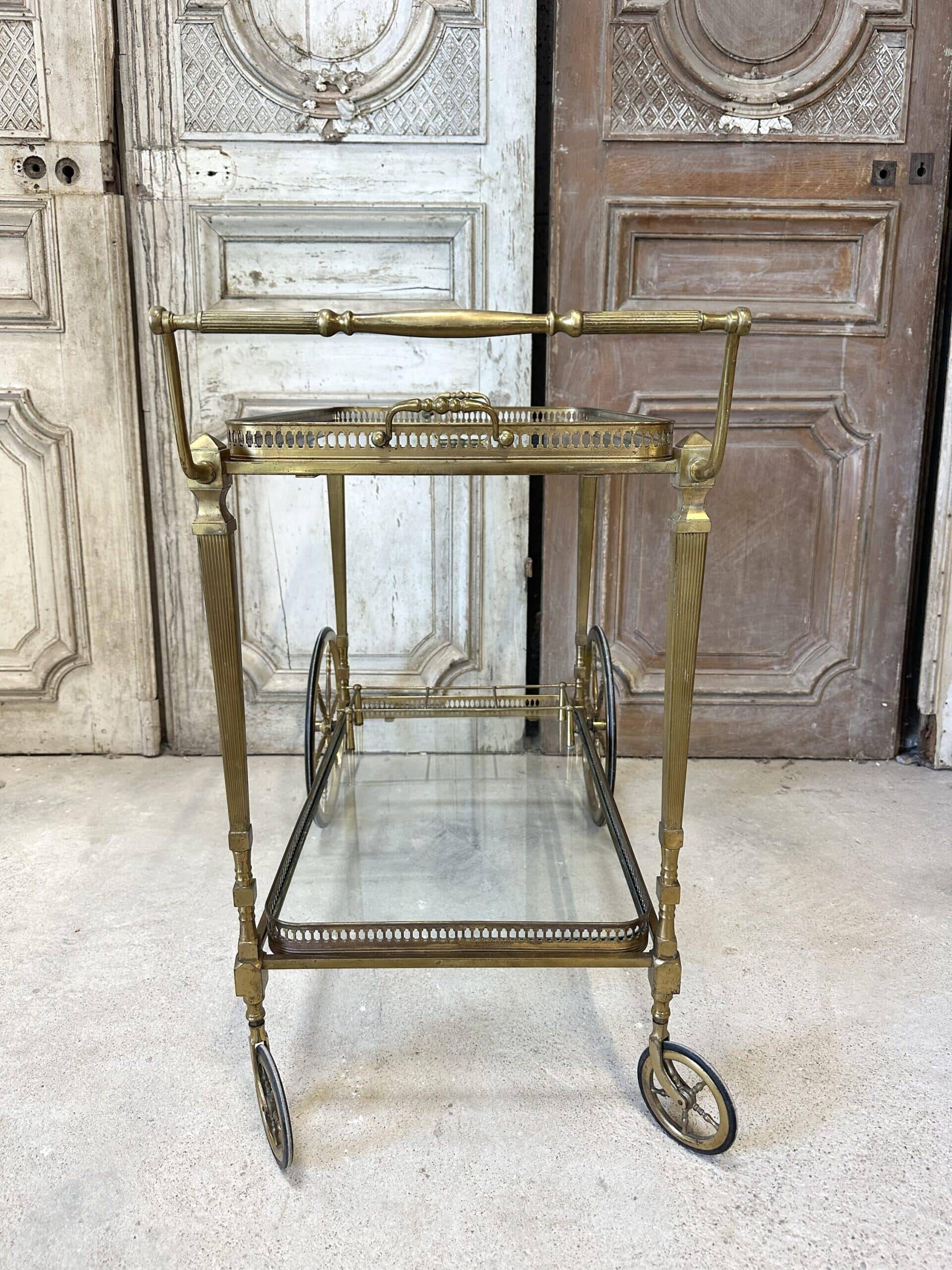 Rolling bar cart in brass and bronze circa 1960
