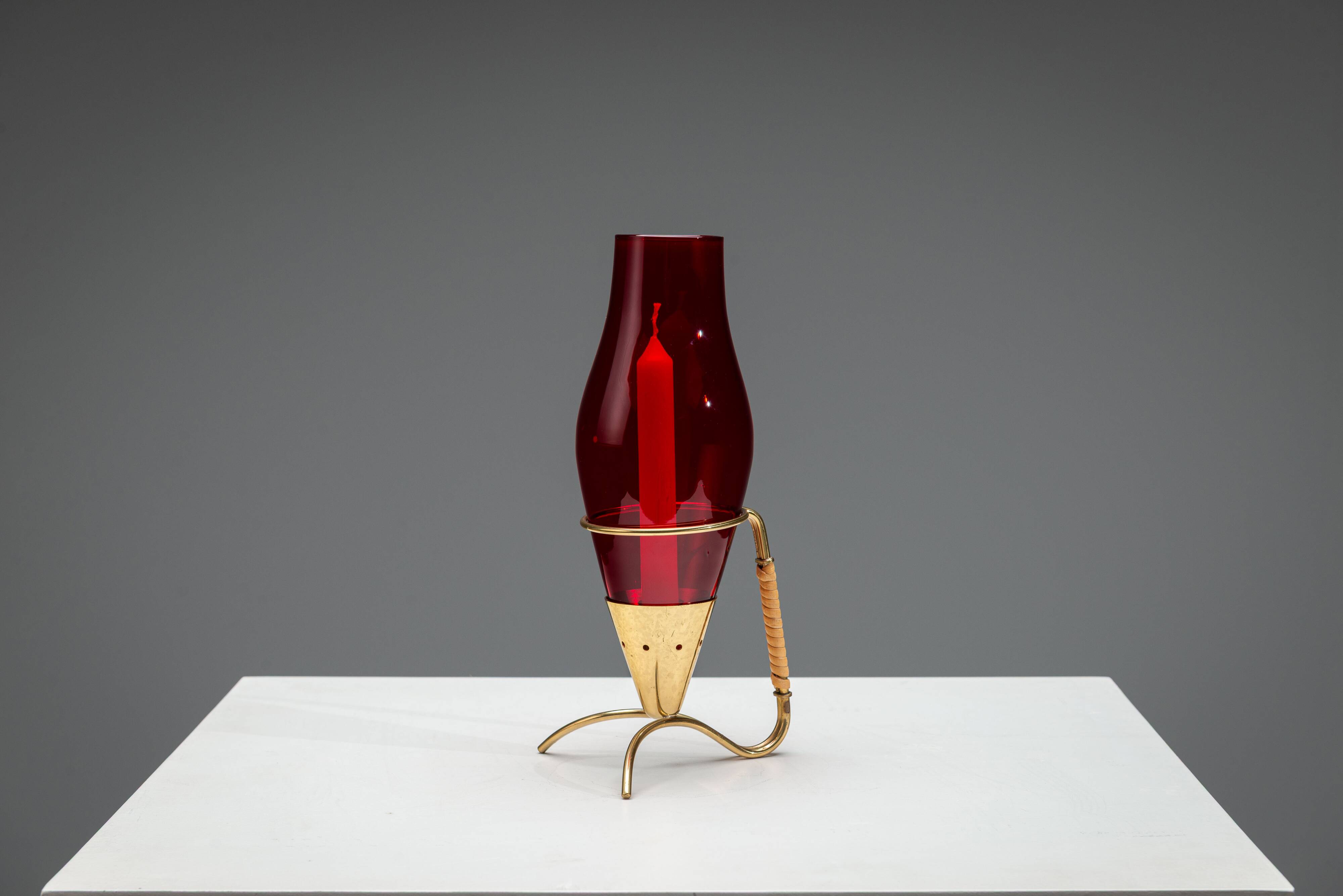 Gunnar Ander candleholder in brass, glass and rattan for Ystad Metall