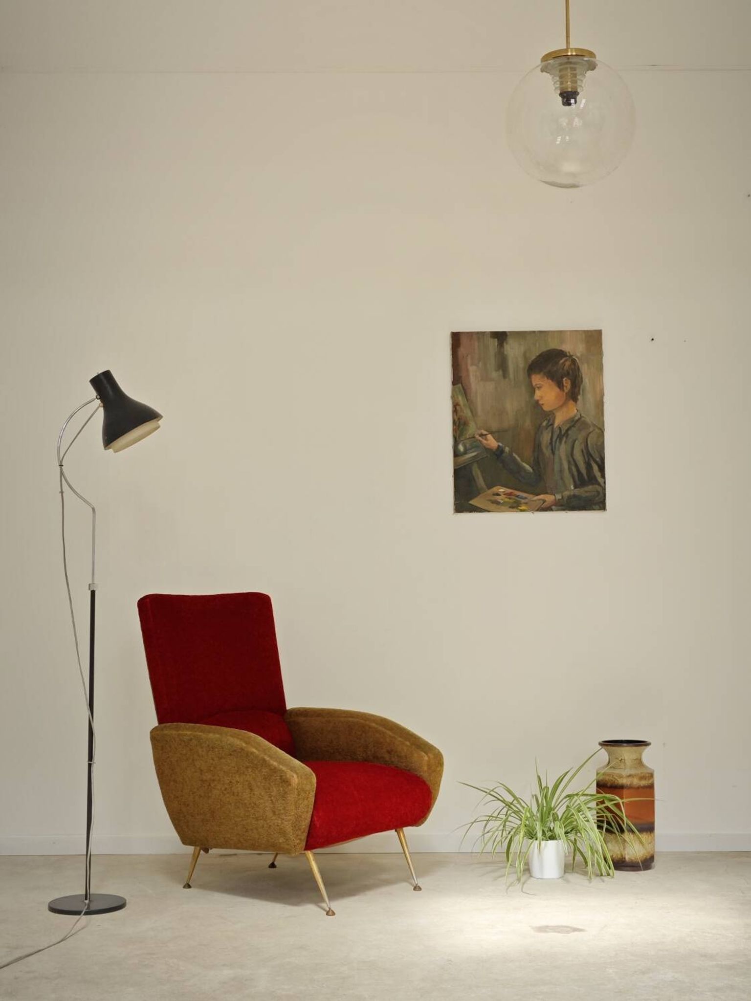 Fauteuil tissu rouge et jaune moutarde style bouclette 1970