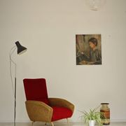 Fauteuil tissu rouge et jaune moutarde style bouclette 1970