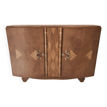 Buffet Art Déco galbé en noyer et marqueterie, années 1930