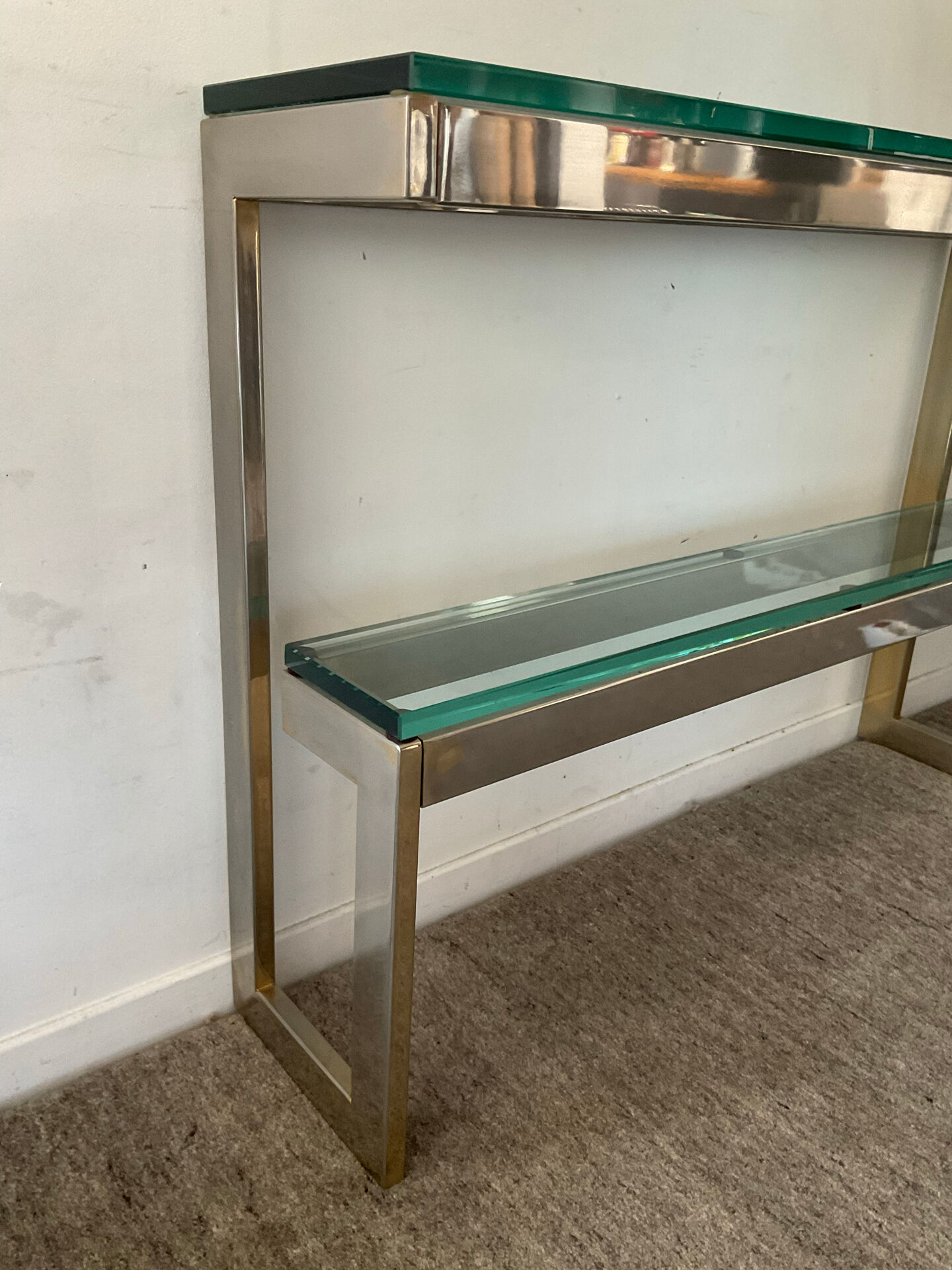 Console "G" by Belgochrom in brass and glass from the 1970s.