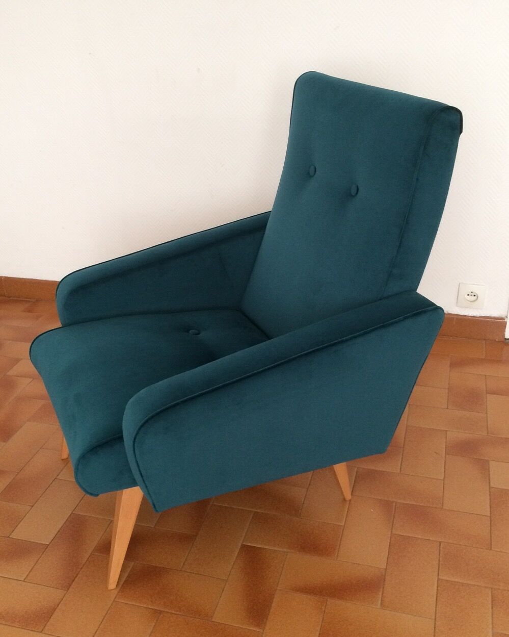 Armchair  50/60 years, duck blue velvet restored
