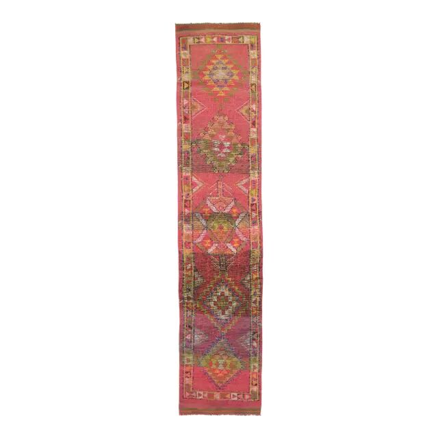 1970s Turkish Hand-Knotted Wool Cotton Pink Runner 79x371
