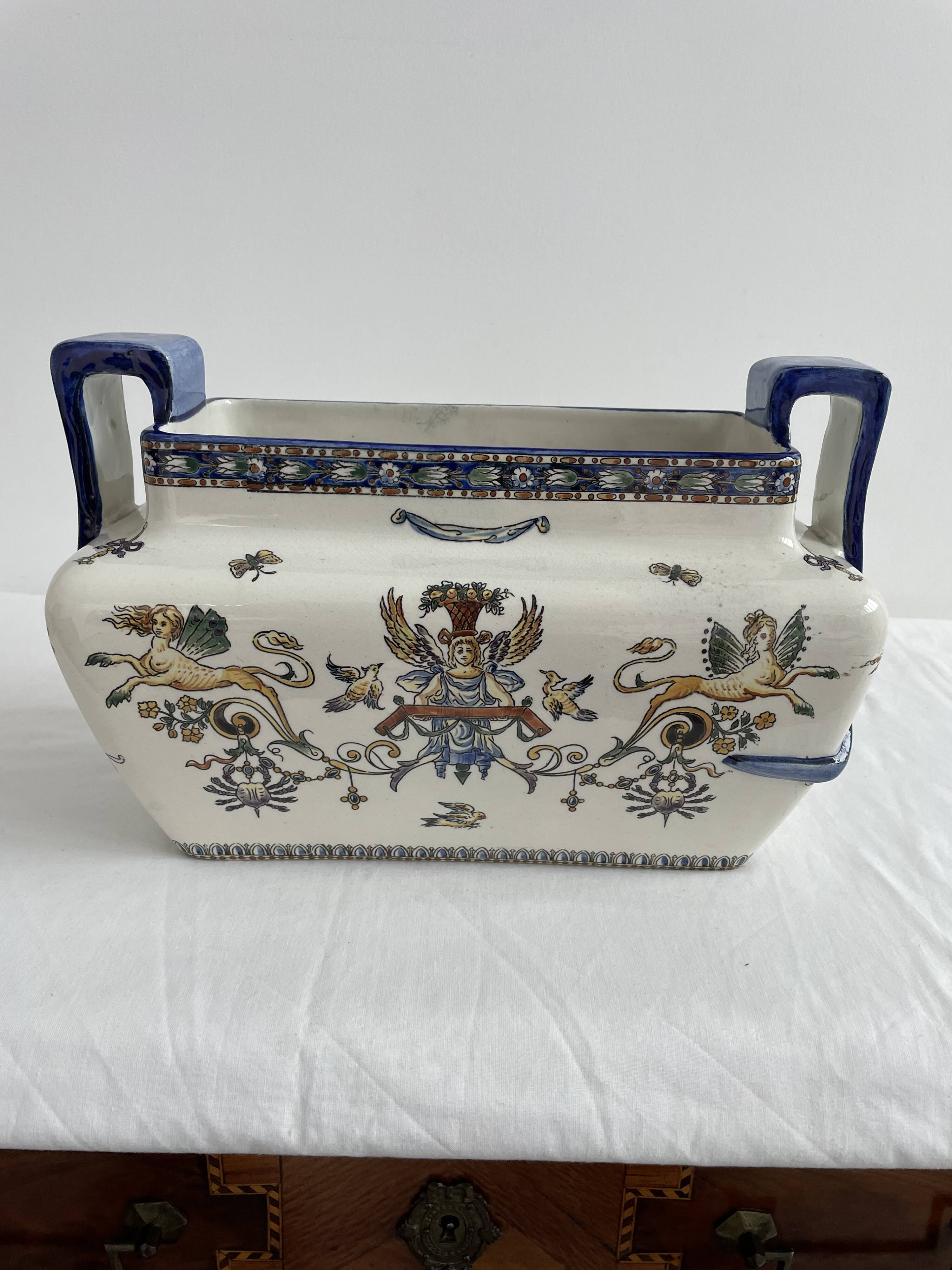 Planter, cache pot, Gien earthenware, rich decoration, Italian Renaissance, winged angel, antique decoration