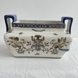 Planter, cache pot, Gien earthenware, rich decoration, Italian Renaissance, winged angel, antique decoration