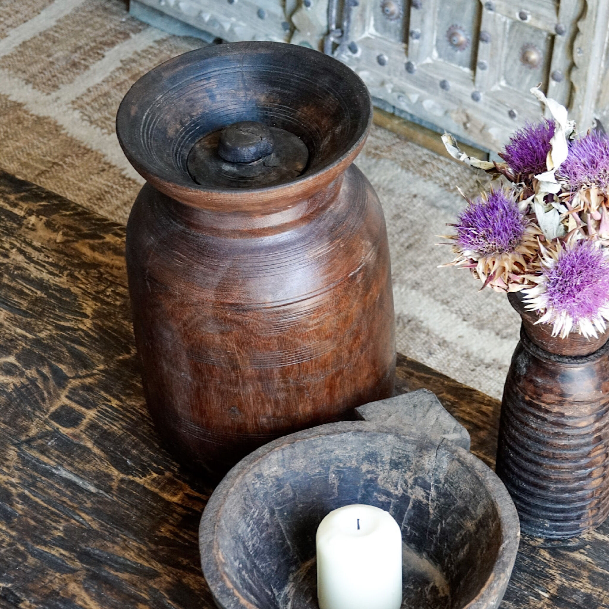 Large wooden Himachal pot n°2 (with lid)