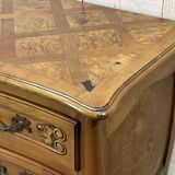 Commode de style Louis XV des années 1950 en merisier et loupe d'orme