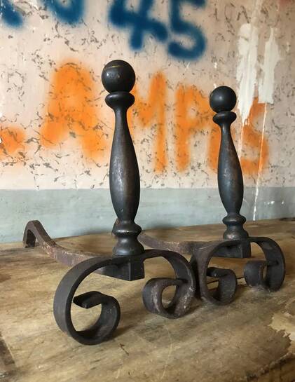 Vintage andirons, pair of andirons, fireplace accessory, cast iron brass andirons