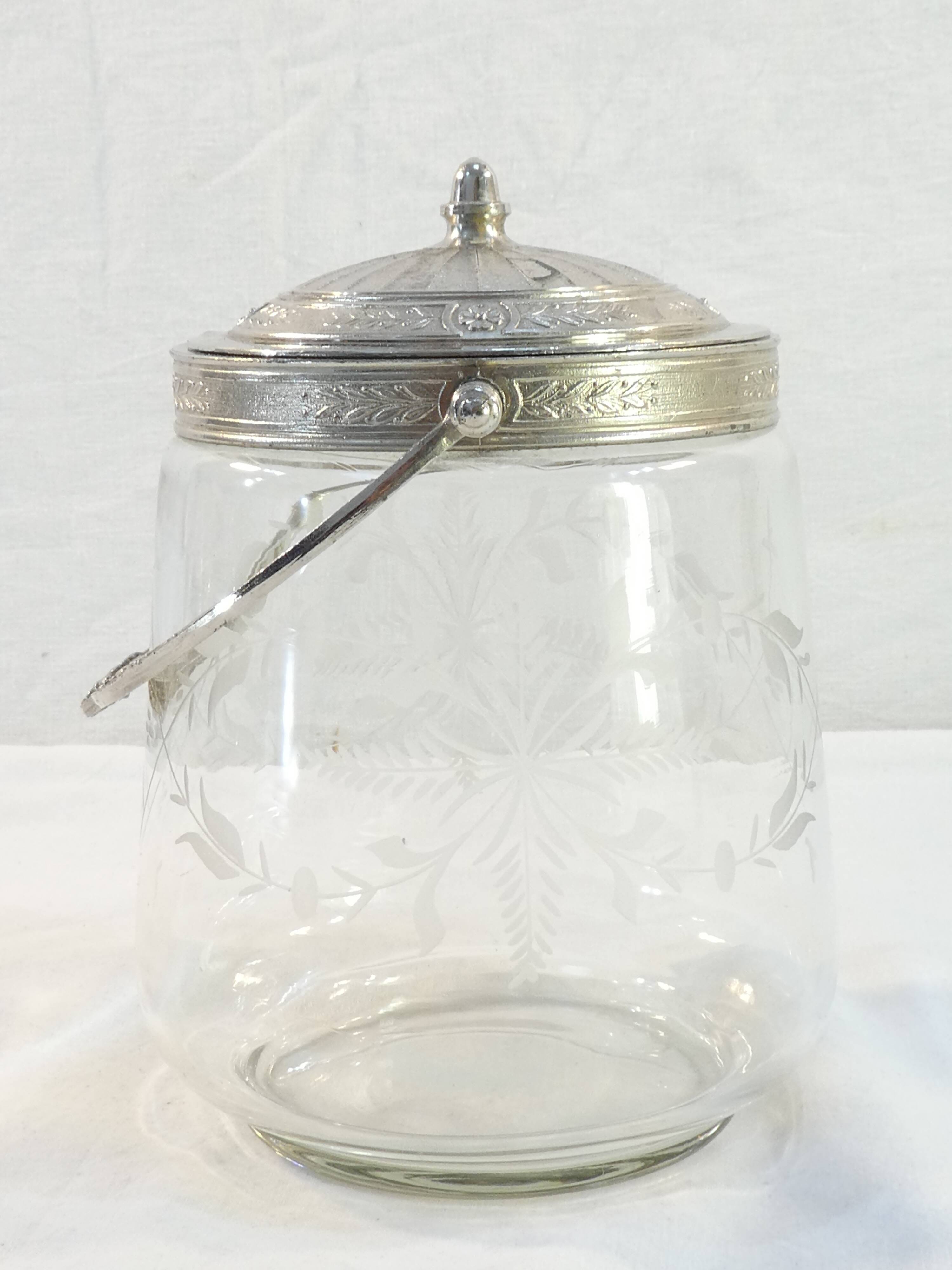 1900 glass cookie bucket engraved silver metal frame
