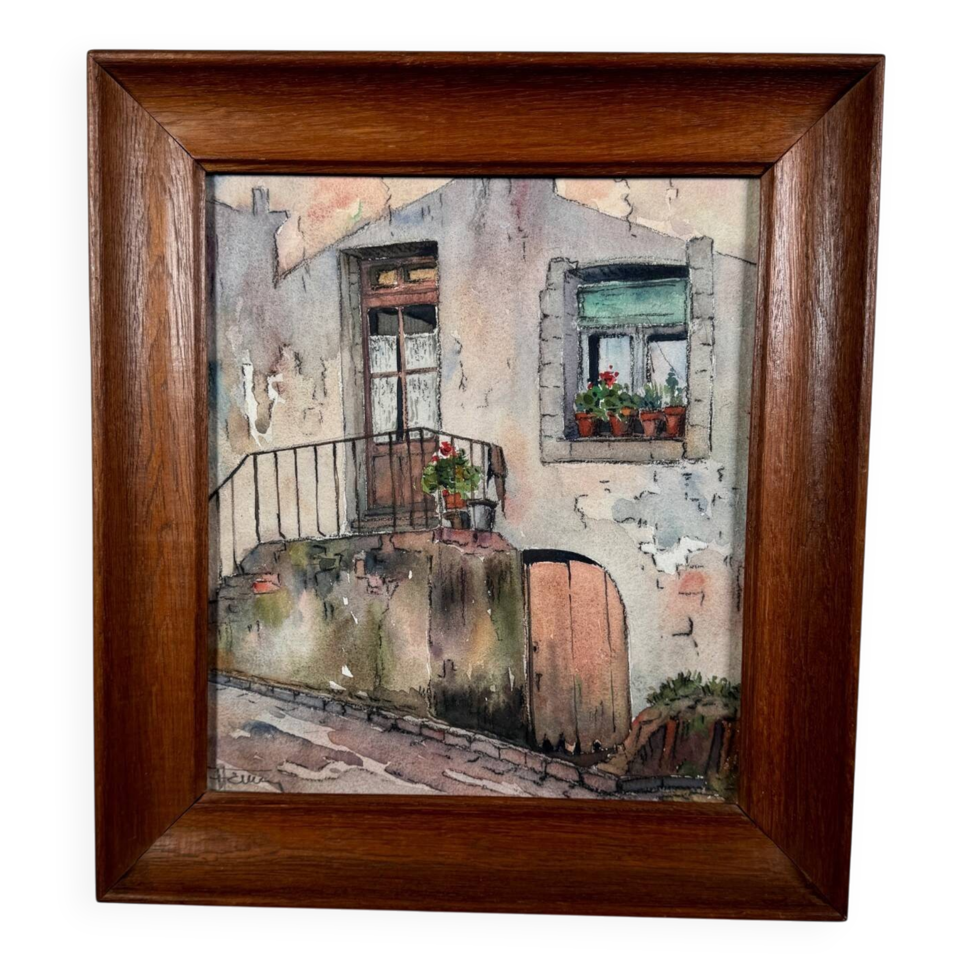 Watercolour on paper depicting the entrance of a house from the early 20th century.