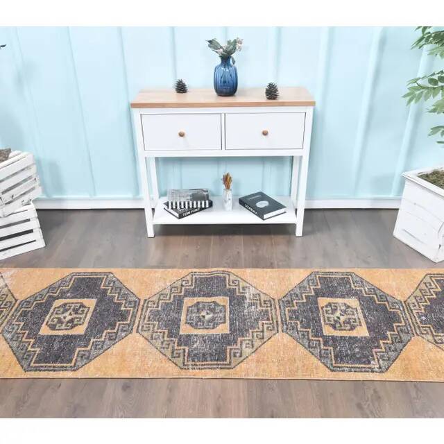 1960s Orange Geometric Turkish Hand-Knotted Runner Rug 77x345