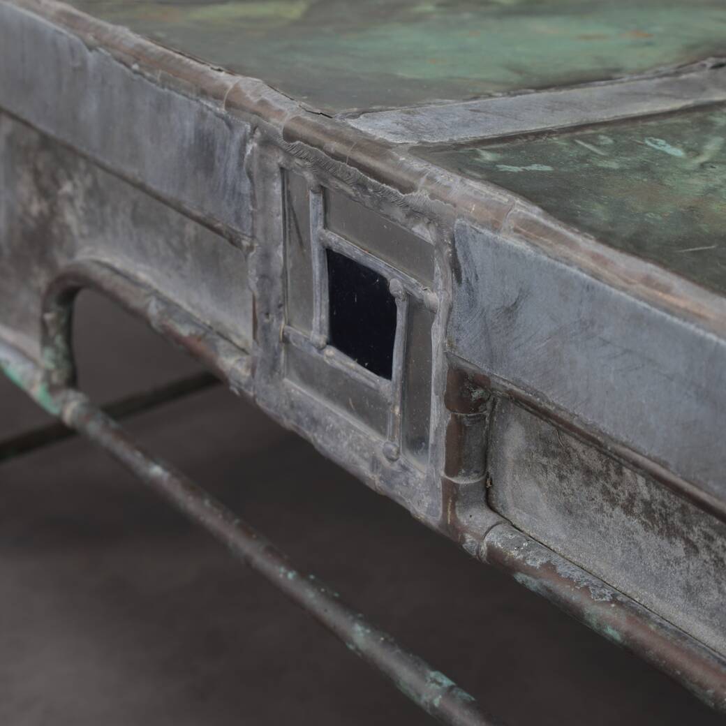 Sculptural bench in copper, zinc and stained glass by Cor de Ree, The Netherlands, 1999